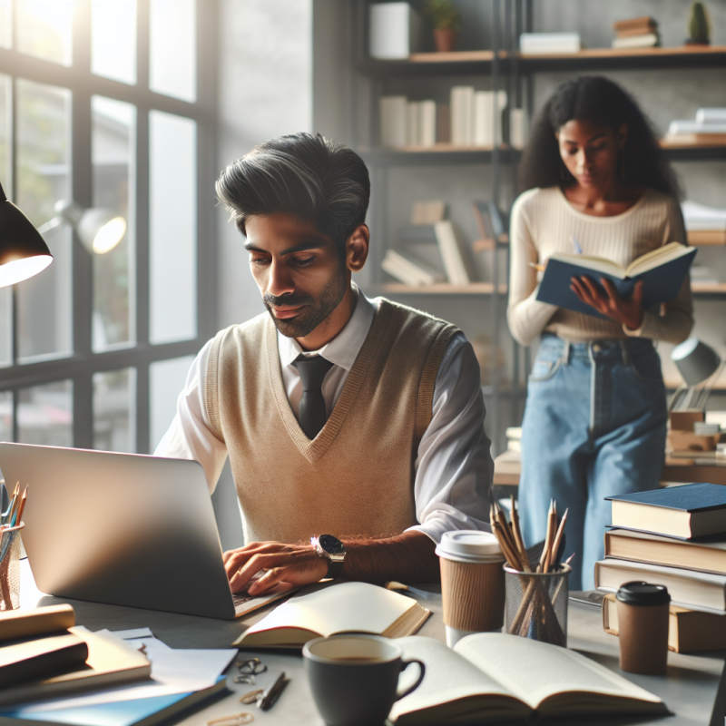 Self-Publishing Discipline: An author focused on writing at a desk, illustrating a disciplined work environment.